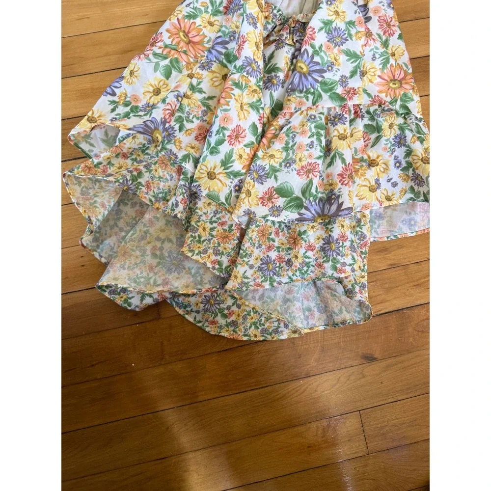 Moonsea blue‎ and yellow floral print high low dress back cut out youth